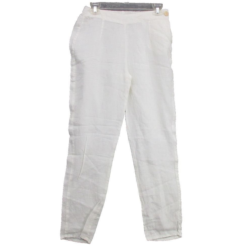 FLAX Designs Linen Pants XS White Side Button Elastic Waistband New